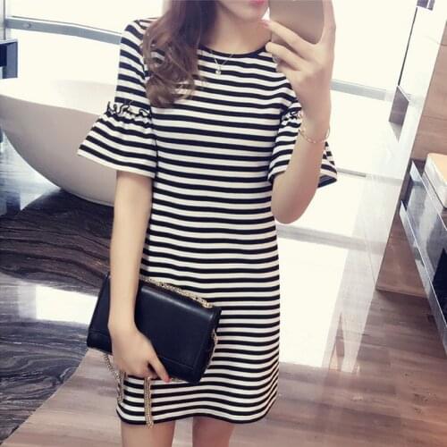 Womens Striped Dress 2020 Spring Summer Ladiess Flare Sleeve Mid Long Style Fashion Korean Style Slim One Piece T Shirt Dresse