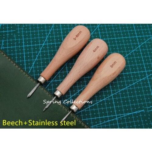 1pcs Leather Craft Beech Wooden with Stainless Steel Awl 3mm/ 4mm /5-6mm DIY Leather Stitching Sewing Leathercraft Punch Tool