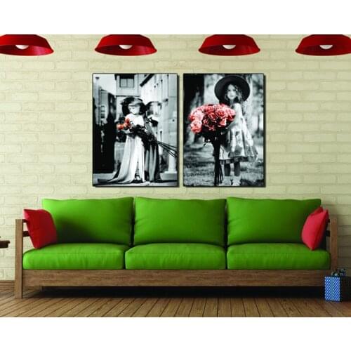 2 Pcs Girl with Roses flowers Canvas Painting Printings Cuadors Modern Canvas Wall pictures for Living Room Home Decor