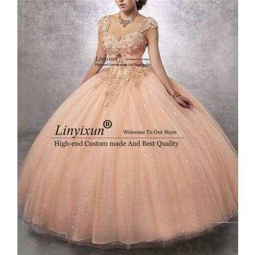 Sparkling Bling Quinceanera Dresses Bead Champange Appliques Beaded Lace-Up Sweet 16 Dresses With Straps Vestidos De 15 Anos