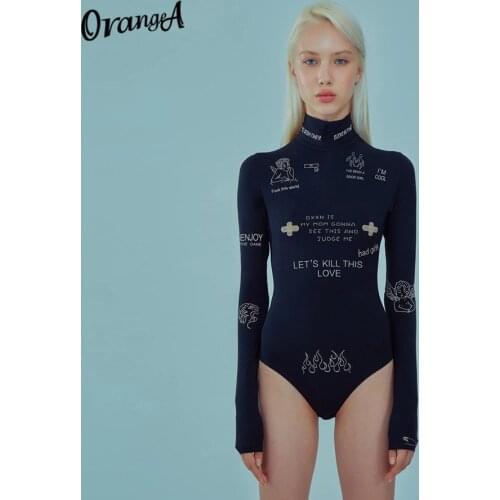 OrangeA Summer Women Slim Casual Letter Print Bodycon Bodysuit Long Sleeve Turtleneck Elastic Sporty Fitness Skinny Streetwear