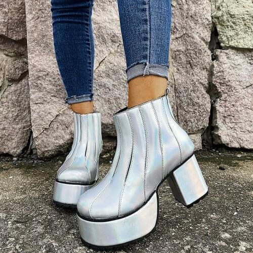 Women Ankle Boots PU Striped Patchwork Boots Fashion Retro Color Boots Slip On Round Toe Female High Heels Platform Shoes