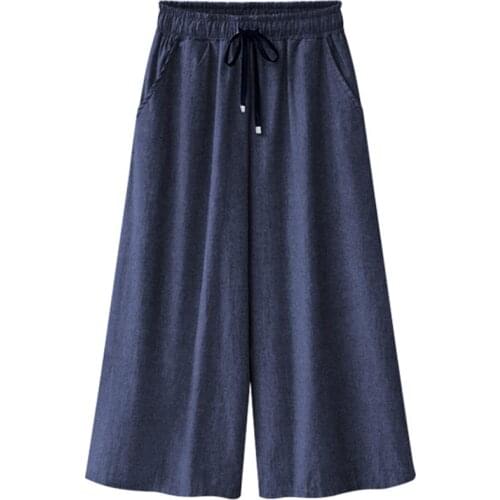 Womens Wide Leg Pants Solid Color Loose Cropped Trousers Elastic High Waist Female Summer Drawstring Fashion Straight Casual
