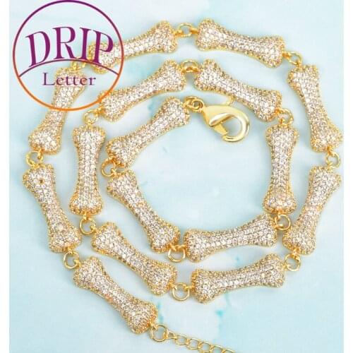 Dog Bone Necklace Gold Color Cubic Zircon Link Mens Hip Hop Adjustable Jewelry