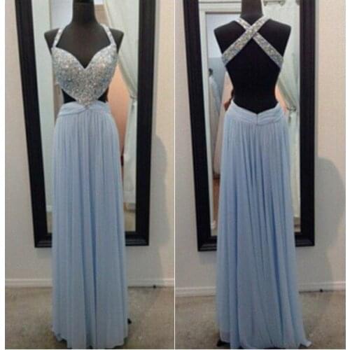 A-Line Heavy Beaded Long V-Neck Prom Dresses Sexy Robe De Soiree Stretchy Open Back Floor Length Chiffon Blue Formal Party Gown