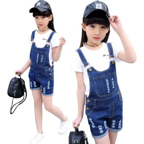 4-15 Y Girls Denim Overalls Spring Summer Fashion New Children Clothing Casual Kids suspender trousers Solid Girls short jeans