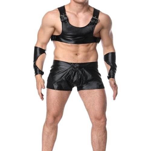 Exotic Male Black Faux Leather Bodysuit Men Sexy Bondage Chest Harness Fetish Gay Clubwear Performance Uniform Tops+Underwear