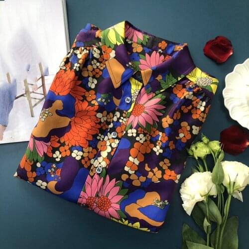 Elfbop 18mm 100% Silk Long Sleeve Lapel Floral Printed Blouse Shirt Top