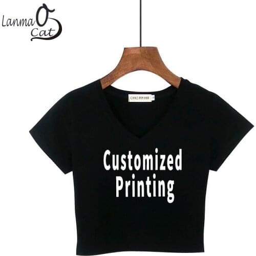 Lanmaocat Cotton V Neck Shirts Blank Crop Top Tee Shirts Femme Custom DIY Letters Logo Print High Waist Shirts Free Shipping