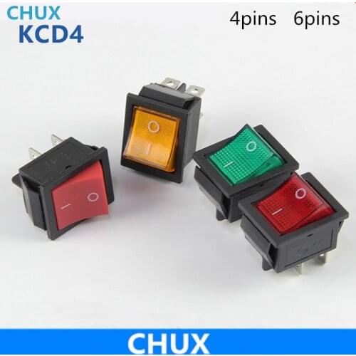 KCD4 Rocker Switch ON-OFF-ON 4pins 6pins 2 3 Position Electrical equipment With Light 16A 250VAC/ 20A 125VA 5PCS Power Switch