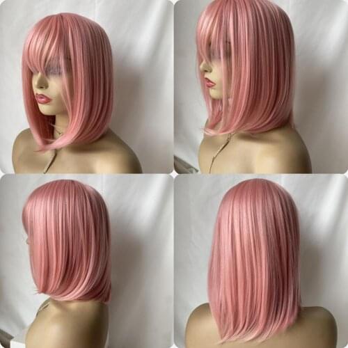 Short Bob None Lace Front Wig Machine Wefts Synthetic Wigs WIth Bang For Women and Girl
