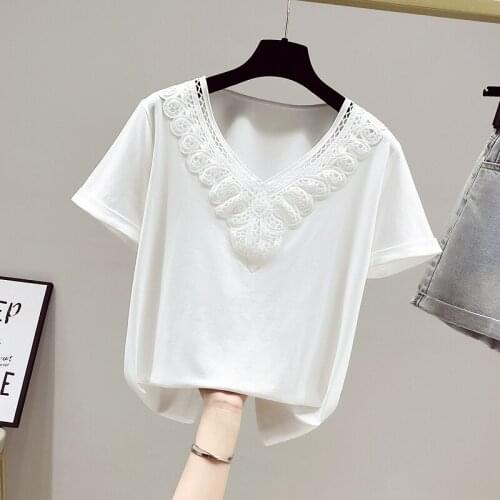 Short-sleeved Lace Hollow Out Tops 2021 Summer V-neck Lace Women White Shirt Fashion Clothing Women Tops and Blouse Chic 15138
