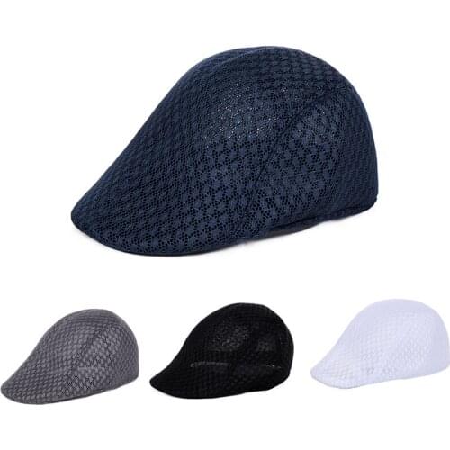 Mens Mesh Flat Cap Berets Pure Color Hollowed Mesh Cap Visors Breathable Summer Sun Hats