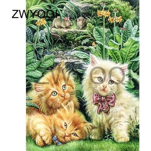 Full Square Diamond embroidery Cross stitch cat plant mouse DIY 3D Diamond mosaic Full Round Diamond painting cat plant Tie
