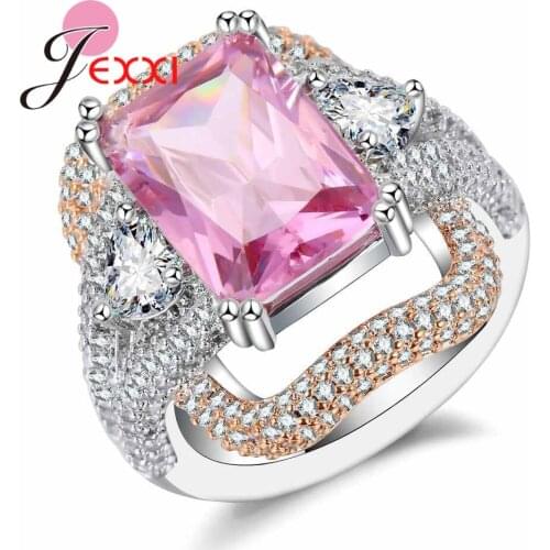 Pink Filled CZ Crystal Rings Unique Square Wedding Rings For Female Vintage 925 Sterling Silver Finger Rings Big Sizes