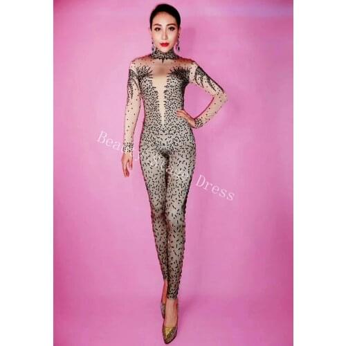 Sexy Black Rhinestone Jumpsuit Female Singer Dancer Stretch Spandex Bodysuit One-piece Costume Outfit Party Performance Wear