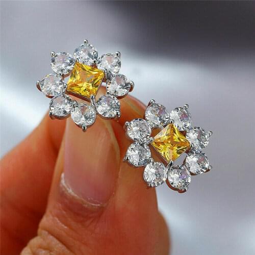 Huitan Yellow CZ Flower Earrings Female Bling Bling Wedding Engagement Party Ear Stud Luxury Silver Color Women Fashion Jewelry