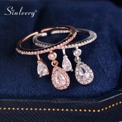 SINLEERY Chic Crystal Waterdrop Wedding Rings Rose Gold Silver Color Resizable Engagement Rings For Women Jewelry JZ648 SSH