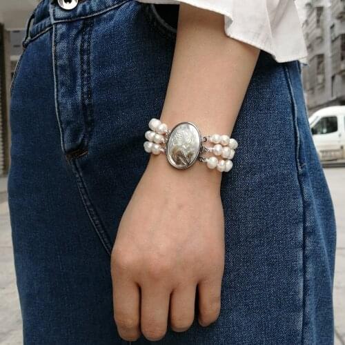 Vintage Bridal Bracelet Virgin Mary Charm Shell Bracelet 3 Strand Twist White Freshwater Cultured Pearl Bracelet For Prom Party