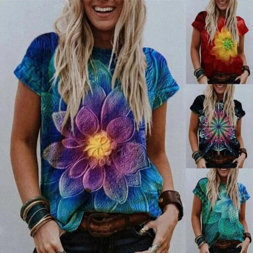 Womens T Shirt Summer Round Neck Casual Loose Floral Printed Flower Tie Dye Tops Plus Size Short Sleeve