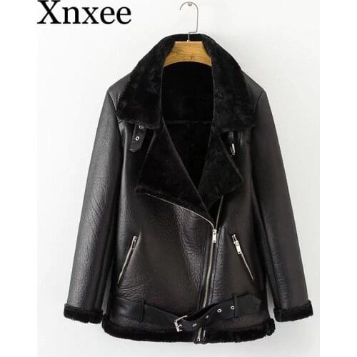 Winter Faux Lamb Leather Jacket Women Faux Leather Lambs Wool Fur Collar Suede Jacket Coats Female Warm Thick Outerwear tendy