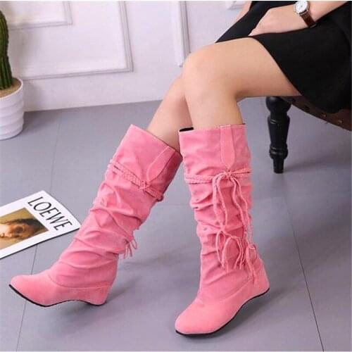 2021 Spring, autumn and winter large size tassels increase round head high tube womens boots multi-color optional