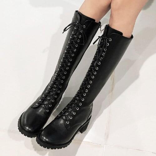 Womens genuine leather chunky heel round toe lace-up knee high knight boots punk winter warm plush long boots high quality shoe