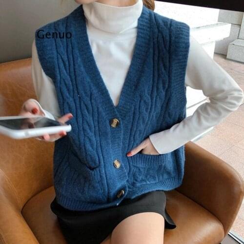 Spring/Autumn Sweet Style Womens Vest Single-Breasted Sleeveless Cardigans Fashion Pockets Design Loose Vest Coat Female