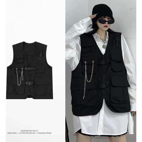 Chain Design Functional Tooling Vest Mens Summer High Street Fashion Trend Vest Brand Loose Sleeveless Black Color Vest