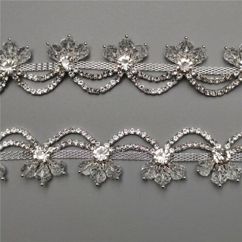 1 yard Glass Flower Rhinestone Crystal Chain Bling Diamond Trim Ribbon 1.18" Width Wedding Dress Necklace Applique Decoration