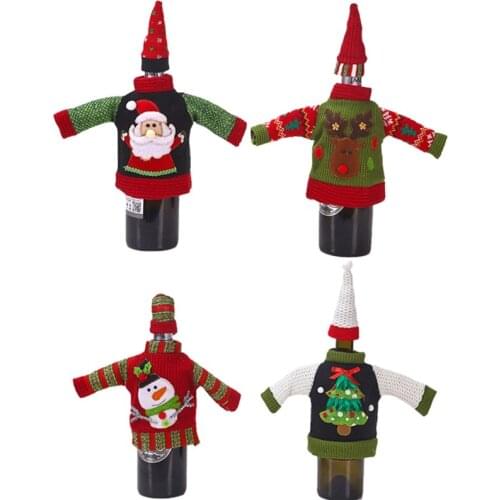 4 Sets Christmas Decorations Knitted Sweater Wine Bottle Cover Bag Hat New Year Xmas Party Home Dinner Table Holiday Gift K0AB