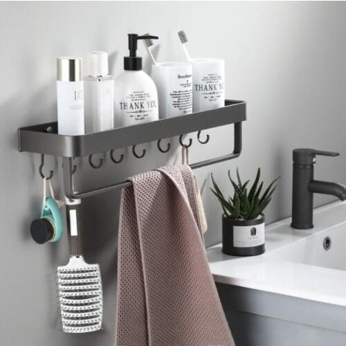 Bathroom Gray Shelf with Towel Bar Space Aluminum Corner Shelves Towel Rack with Hook Shampoo Holder Kitchen Storage Rack