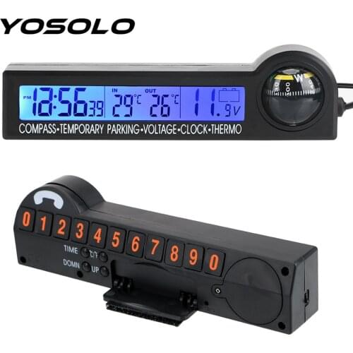YOSOLO 5 in 1 Car Temporary parking card Multi-Function Clock Calendar Compass Thermometer LCD Display Screen Voltage Tester