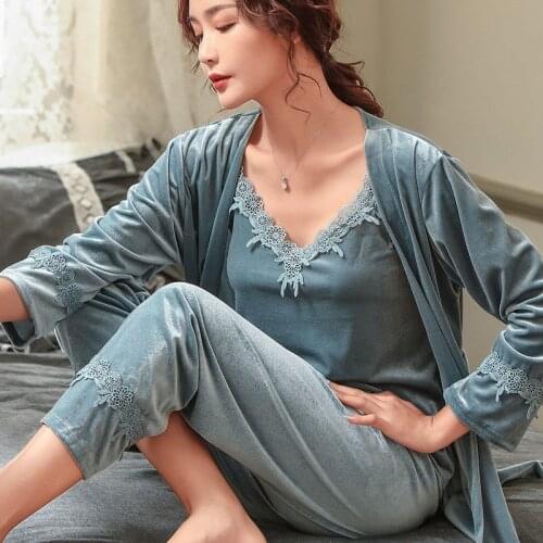 Velvet Women Satin 3PCS Robe Set Nightgown Sexy Lace Kimono Lake Blue Bathrobe Sleepwear Brides Bridesmaid Wedding Dressing Gown