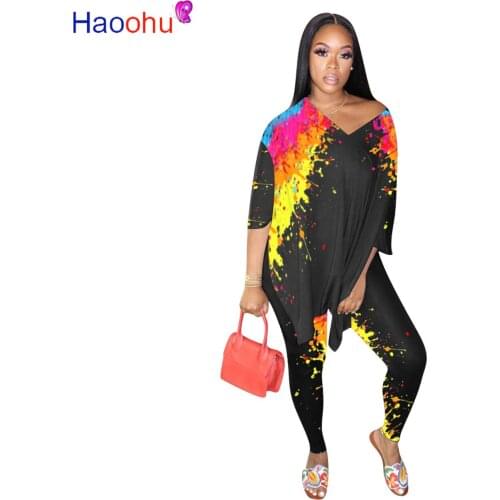 HAOOHU Women Gradient Print Two Piece Set V-neck Split Long T-shirt Pants Jogger Sweatpants Suit Tracksuit Matching Set Outfits