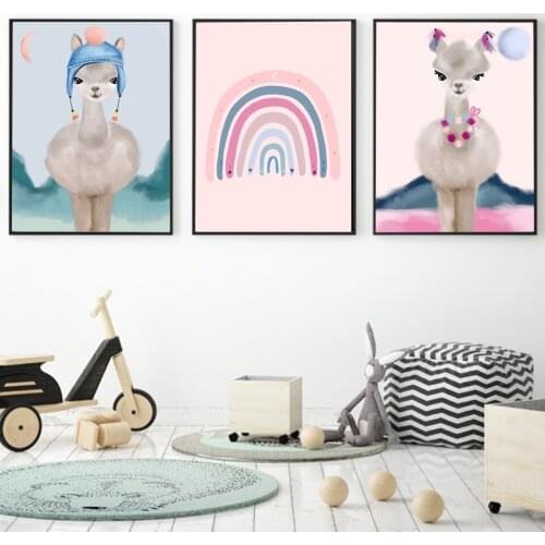 Cartoon Llama Rainbow Art Print Poster Decorative Canvas Painting On The Wall Nordic Modular Pictures Baby Kids Room Nursery