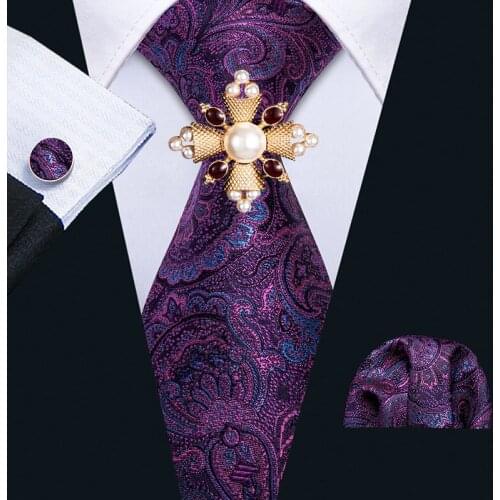 Men Ties Silk Woven Necktie Purple Floral Tie Handkerchief Cufflinks Brooch Set Paisley Neck Tie Designer Male Gift Barry.Wang