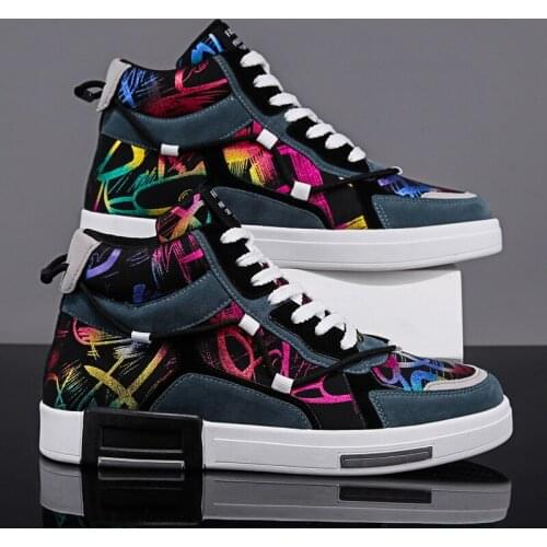 Mens High Top Mixed Colors Printed Sport Casual Sneakers Shoes Lace Up Skateboard Boys Flat New Casual 3Styles
