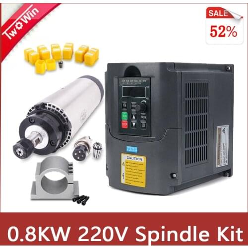 800W Air-cooled Spindle Kit 0.8kw CNC Spindle Motor+1.5KW Inverter+65mm Clamps+13pcs ER11 Collet 800W Spindle Motor Kit
