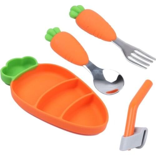 3pcs Silicone Baby Cartoon Tableware Set Children Dishes Kids Baby Feeding Plate Training Bowl Spoon Fork