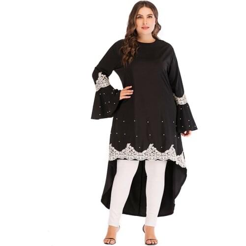 Plus size Women Long Sleeve Shirt Lace Stitching Beading High Low Casual Flare Sleeve Suit Clothes