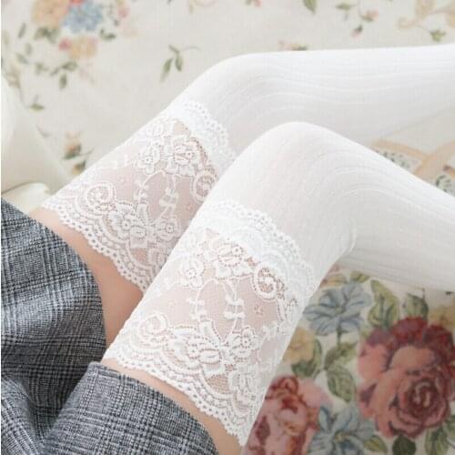 Autumn Winter Warm Lace Long Stockings Women Cable Knitted Cotton Over The Knee Long Pantyhose Thigh Floral Stockings