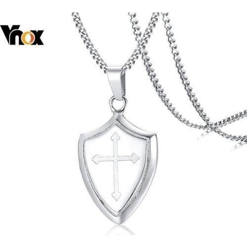Vnox Mens Stainless Steel Shield of Faith Engraved Joshua 1:9b Armor of God Cross Pendant Necklace Prayer Accessories