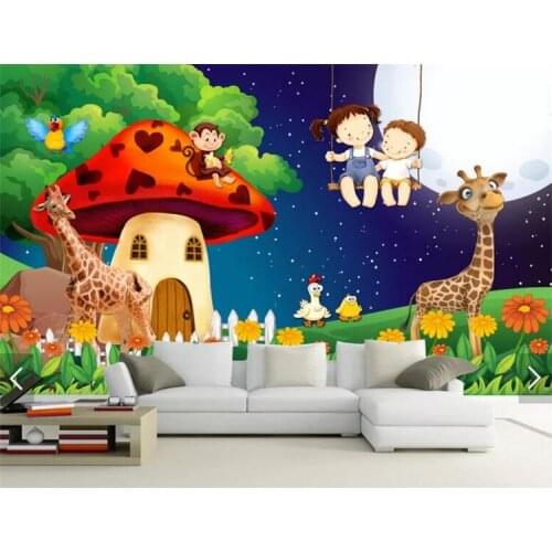Green Forest Cartoon Mushroom Room Moon Giraffe Large Murals Wallpaper For Kids Room Children Bedroom Wall Decor Mural Animal 3D