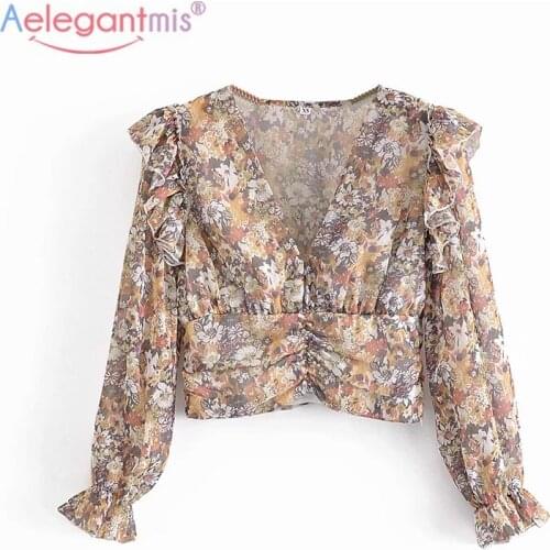 Aelegantmis Casual Loose Thin Print Folds Blouses for Women Floarl Long Sleeve V Neck Shirts Vintage Pleated Fashion Blouses New