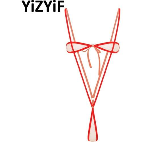 Women Micro Mini Sheer Lace Bikini Lingerie Set Strapless Tie-on Tube Bra Bandeau Top and Suspender Thong G-String Bikini Bottom