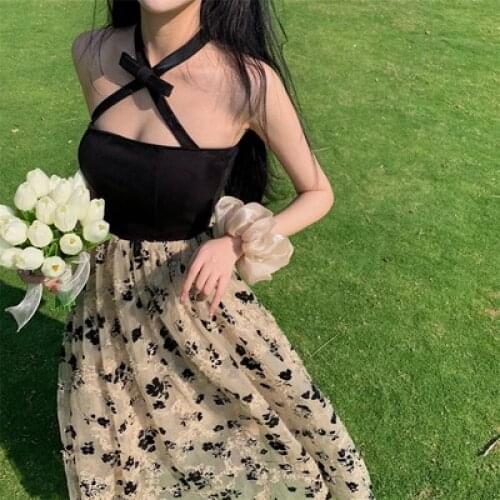 Summer Backless Net Yarn French Floral Sling Dress Woman 2021 New Fashion Mid-Length Seaside Holiday Style Beach Skirts Femme