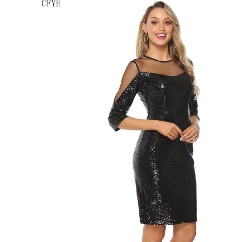 Spring Summer Women Sexy Dress Sequin Mesh Dress Sequin Black Dress with Sequins Slim O Neck 2019 New