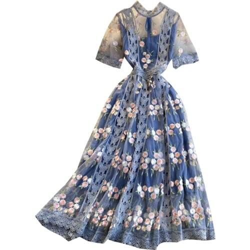 High Quality Mesh Embroidery Flower Dress Women Short Sleeve Dress Summer Elegant Streetwear Midi Dress vestidos mujer verano