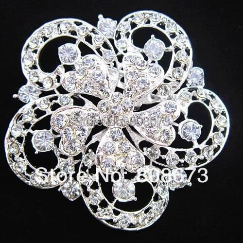 2.4 Inch Huge Vintage Silver Plated Rhinestone Crystal Huge Flower Pin Brooches Wedding Bouquet Bridal Brooch